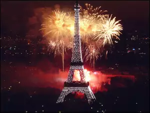 Wieża Eiffla, Fajerwerki, Paryż, Noc