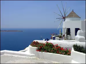 Wiatrak, Grecja, Morze, Santorini