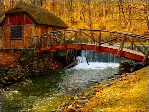 Rzeka, Jesień, Wodospad, Mostek