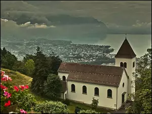 Panorama, Ciemne, Kościół, Niebo, Zbocze, Miasteczko