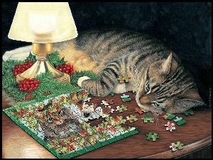 Narodzenie, Kot, Lampa, Puzzle, Boże