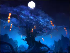 Noc, Księżyc, Drzewo, Lampiony