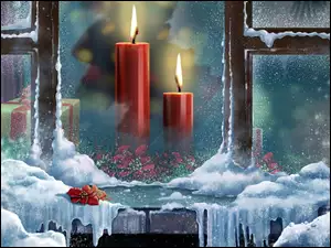 Grafika 2D, Okno, Śnieg, Świece, Boże Narodzenie