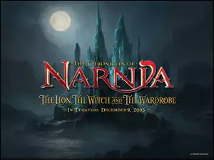 napis, The Chronicles Of Narnia, księżyc, zamek, noc