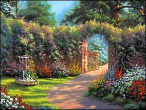 Ogród, Kwiaty, Mur, Brama