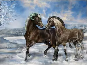 Drzewa, Obraz, Konie, Śnieg