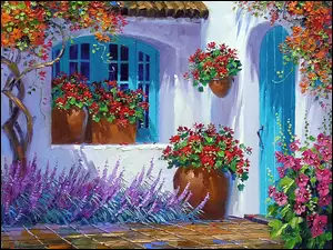 Kwiaty, Dom, Drzwi, Niebieskie, Okno