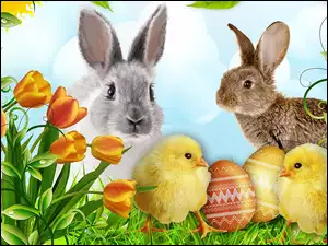 Wielkanoc, Króliczki, Jajka, Kurczaczki, Kwiaty