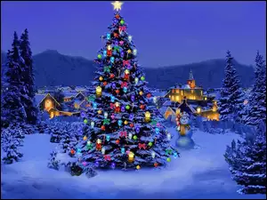 Zima, Boże Narodzenie, Choinka, Domy