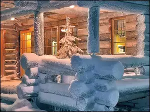 Domek, Zima, Choinka, Śnieg