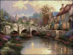Domy, Kwiaty, Most, Rzeka