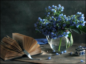 Książka, Wazon, Niebieskich, Bukiecik, Kwiatów