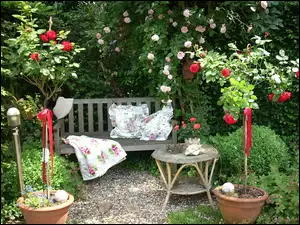 Ogródek, Ławeczka, Róże, Stolik