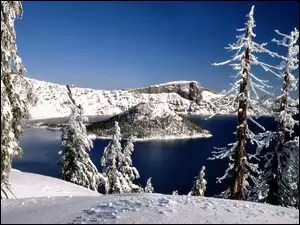 Góry, Zima, Jezioro, Drzewa
