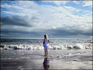 Dziewczynka, Chmury, Morze, Plaża