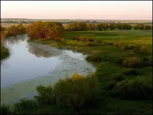 Pola, Panorama, Rzeka, Jesień, Łąki, Drzewa