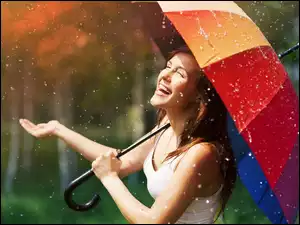 Dziewczyna, Las, Parasol, Deszcz