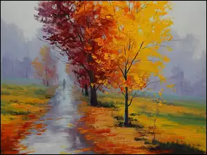 Mgła, Jesień, Liście, Drzewa, Droga