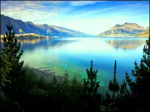 Jezioro, Nowa Zelandia, Góry, Drzewa