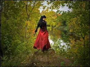 Kobieta, Jesień, Rzeka, Drzewa