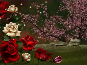 Róże, 3D, Ogród, Grafika