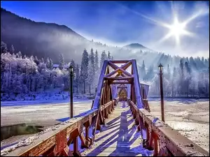 Most, Wschód Słońca, Rzeka, Zima