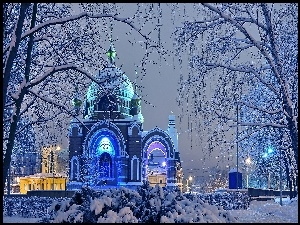 Cerkiew, Zima, Drzewa, Śnieg