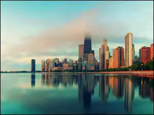 Chmury, Panorama, Budynki, Miasta, Jezioro, Chicago