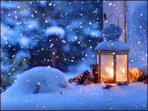 Świąteczna, Lampion, Śnieg, Szyszki, Dekoracja