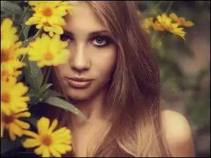 Żółte, Oczy, Kwiaty, Twarz