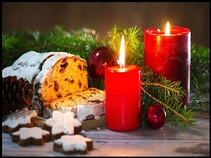 Ciasta, Boże Narodzenie, Czerwone, Kompozycja, Świece, Bombki