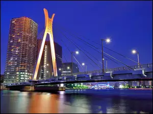 Rzeka, Wieżowce, Tokio, Zmrok, Japonia, Most