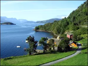 Wzgórza, Hardangerfjord, Droga, Domy, Zalesione