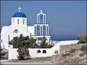 Grecja, Santorini, Morze, Cerkiew, Roślinność