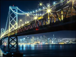 Rzeka, San Francisco, Oświetlony, Noc, Most