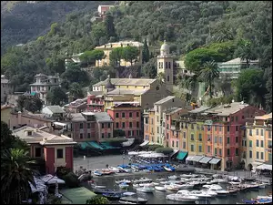 Miasteczko, Portofino, Lasy, Jachty, Góry, Łodzie, Liguria, Morze