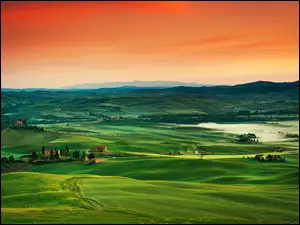 Toskania, Zachód, Włochy, Pola, Góry, Farmy, Panorama, Łąki, Słońca