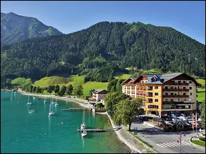 Pertisau, Hotel, Góry, Achensee, Tyrol, Jachty, Lasy, Jezioro