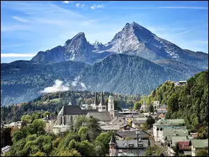 Miasteczka, Lasy, Berchtesgaden, Mgła, Panorama, Góry