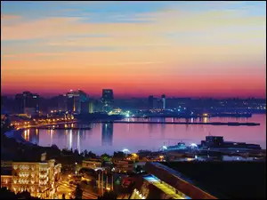 Wschód, Panorama, Morze, Port, Słońca, Baku, Miasta