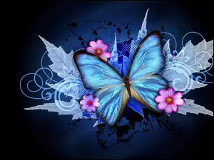 Grafika, Kwiaty, Niebieski, Motyl