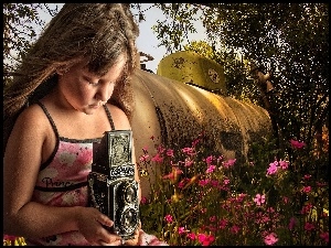 Dziewczynka, Kwiaty, Aparat, Fotograficzny