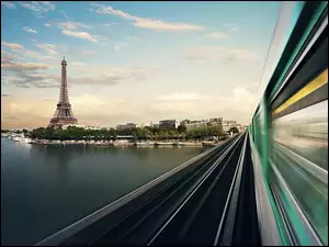 Pociąg, Paryż, Rzeka, Francja, Wieża Eiffla