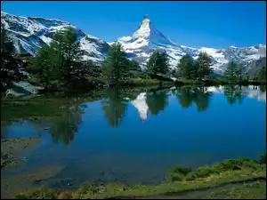 Drzewa, Góry, Szczyt Matterhorn, Alpy, Jezioro