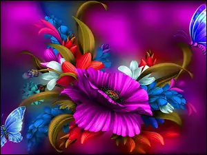 Kolorowe, Art, Kwiaty, Motyle