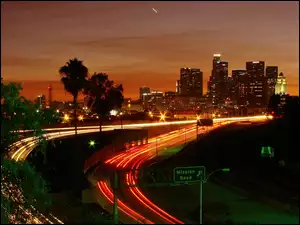Komunikacyjne, Nocą, Panorama, Los Angeles, Drzewa, Miasta, Arterie