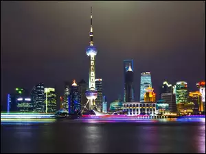 Chiny, Miasto, Wieża, Nocą, Woda