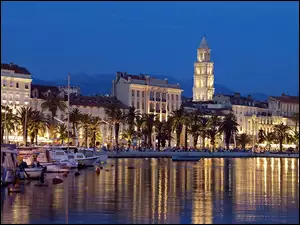 Miasta, Nabrzeże, Split, Jachty, Panorama, Wieczór