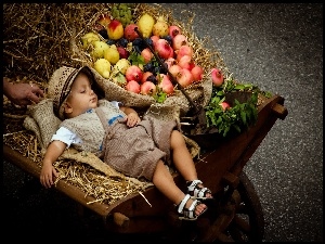 Śpiące, Taczka, Dziecko, Owoce