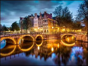 Mosty, Amsterdam, Kamienice, Nocą, Kanał